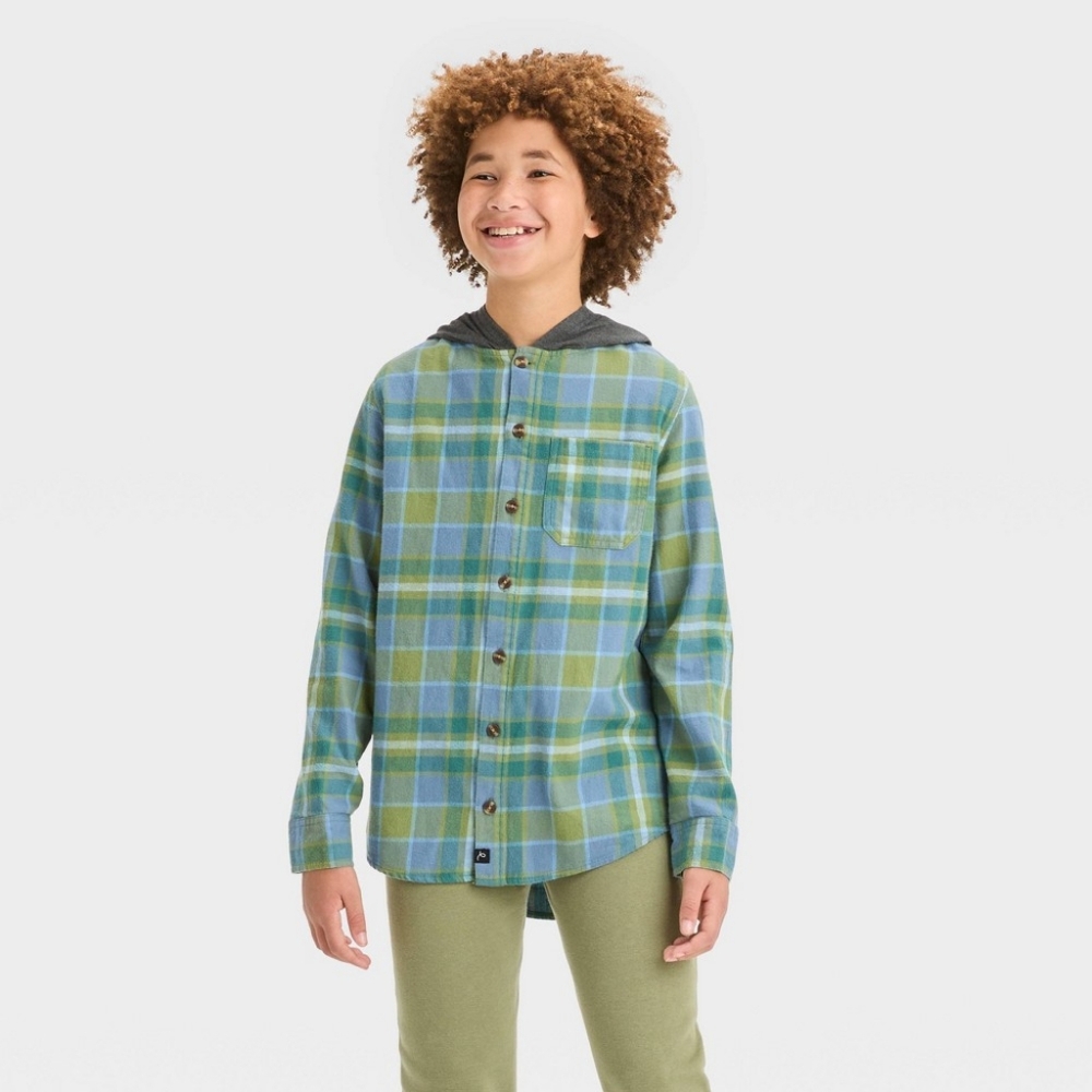 Boys' Flannel Hooded Long Sleeve Button-Down Shirt